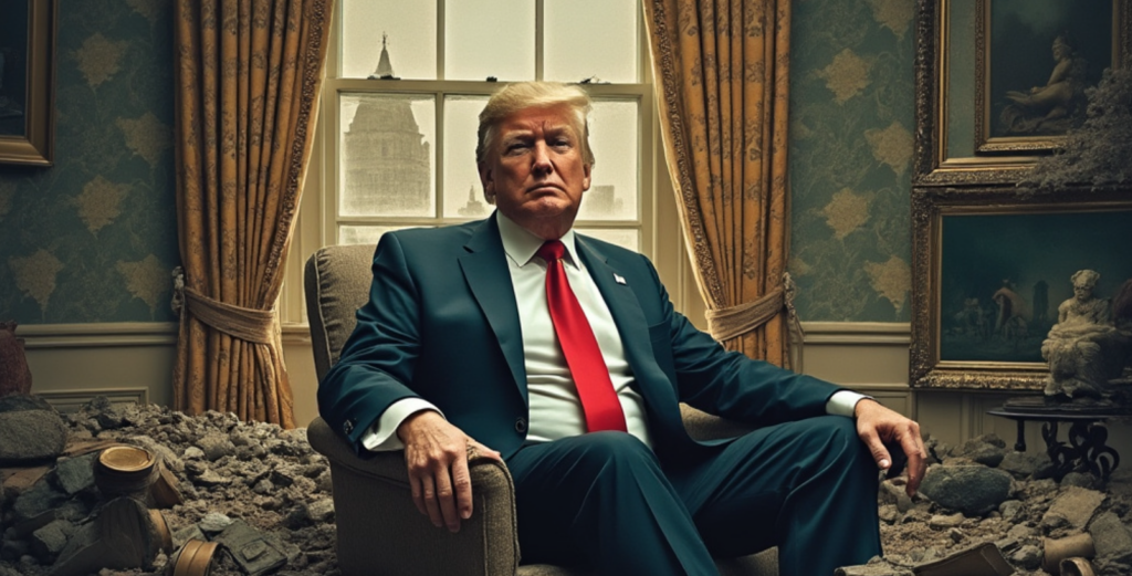 Donald Trump sitting in a chair amidst rubble, symbolizing chaos and decay in the White House